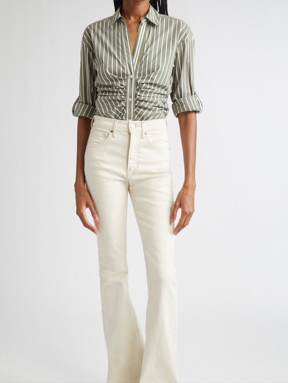 Veronica Beard Devra Stripe Ruched Cotton Blend Button-Up Shirt - Picture 3 of 8